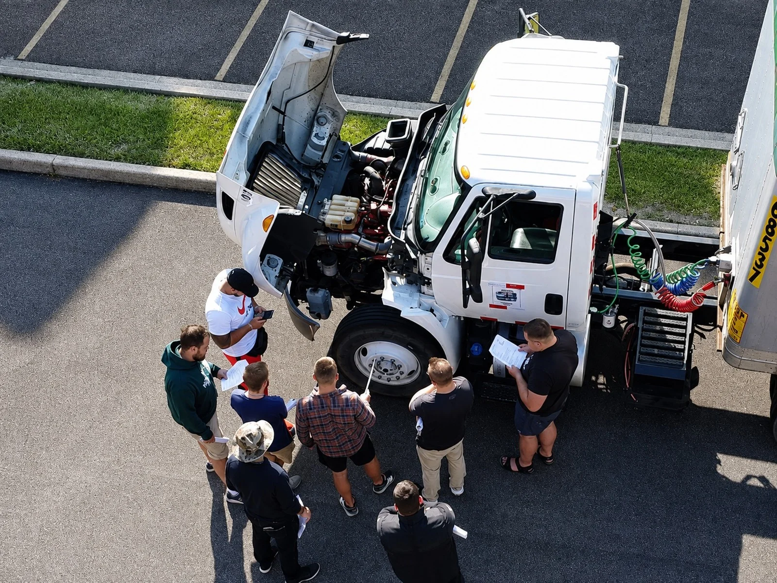 Aerial view of All-In CDL students gathered around a Class A truck during a hands-on pre-trip inspection briefing