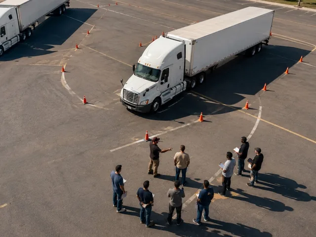 All-In CDL instructor briefing a group of students in the training yard next to two semi-trucks